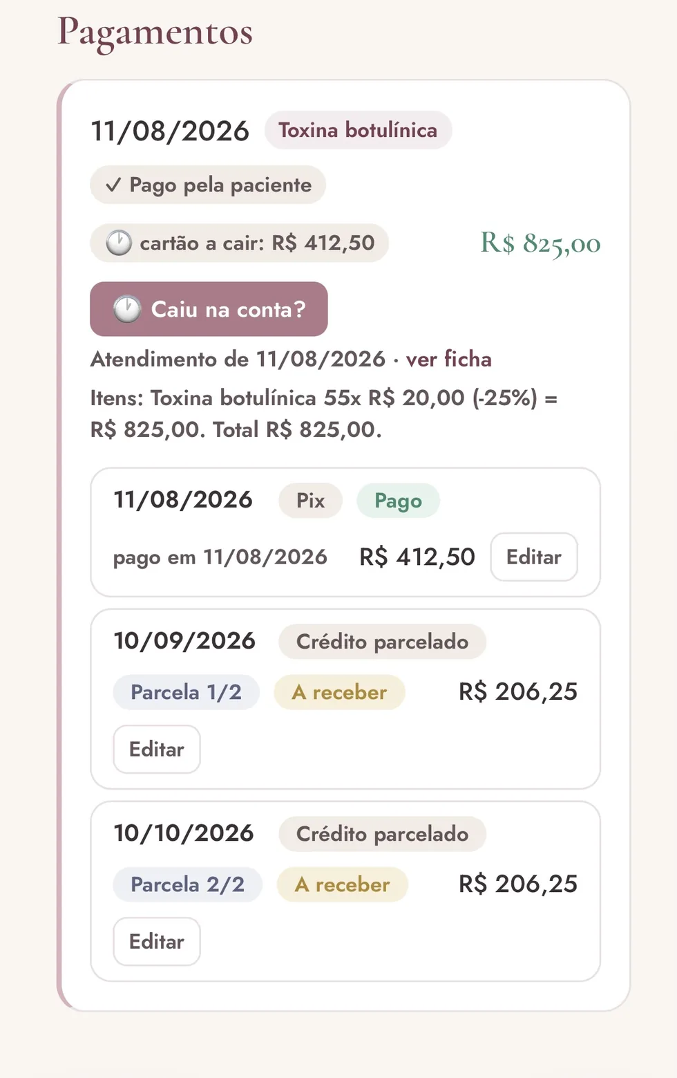 Tela de pagamentos do sistema, mostrando o valor pago, o repasse do cartão a cair e duas parcelas a receber com data