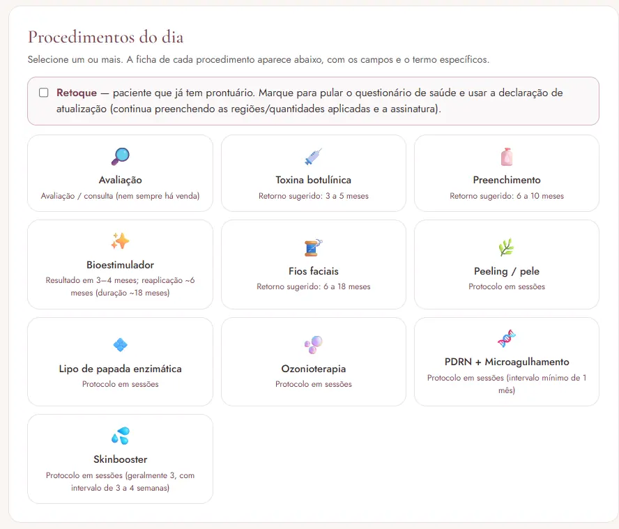 Tela Procedimentos do dia: cards de Avaliação, Toxina botulínica, Preenchimento, Bioestimulador, Fios faciais, Peeling, Lipo de papada enzimática, Ozonioterapia, PDRN com microagulhamento e Skinbooster, com a opção Retoque no topo