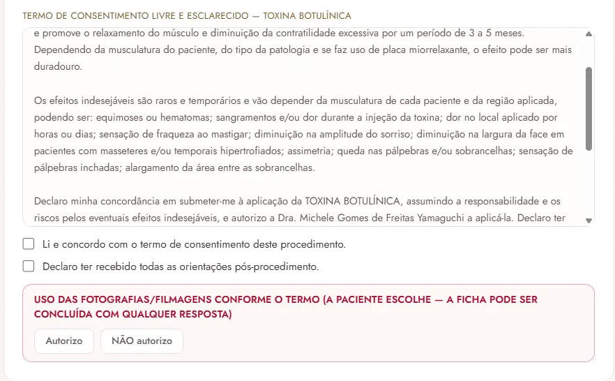 Termo de consentimento livre e esclarecido da toxina botulínica, com aceite do termo, declaração de orientações pós-procedimento e escolha da paciente sobre o uso de fotografias